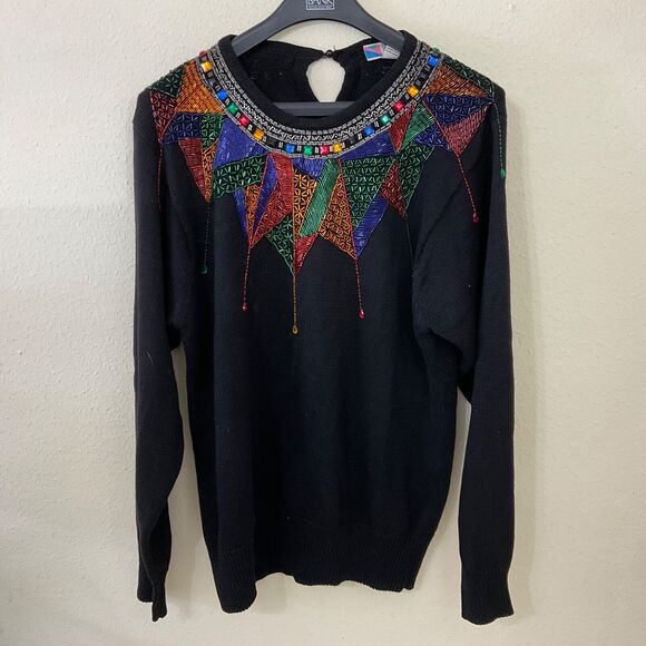 Sweaters - Vintage Lindsey Blake Sweater women size L w Embellished jewel tone beading.
